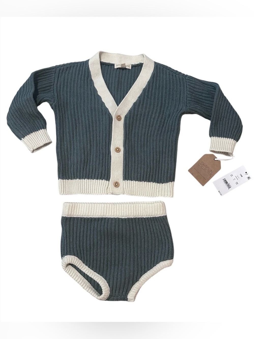 Two-Piece Knit Cardigan Set in Slate Blue with Cream Trim